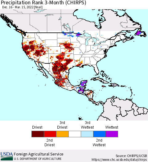 North America Precipitation Rank since 1981, 3-Month (CHIRPS) Thematic Map For 12/16/2021 - 3/15/2022