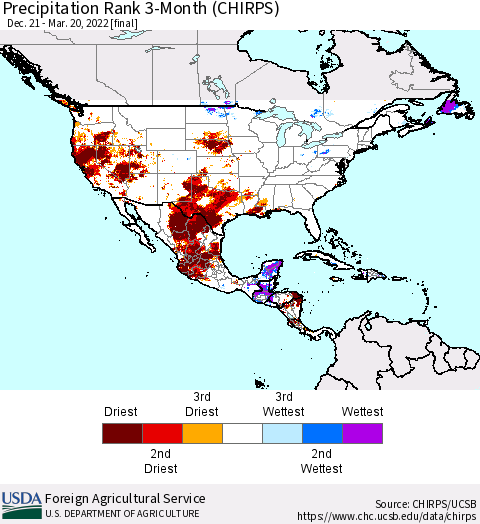 North America Precipitation Rank since 1981, 3-Month (CHIRPS) Thematic Map For 12/21/2021 - 3/20/2022