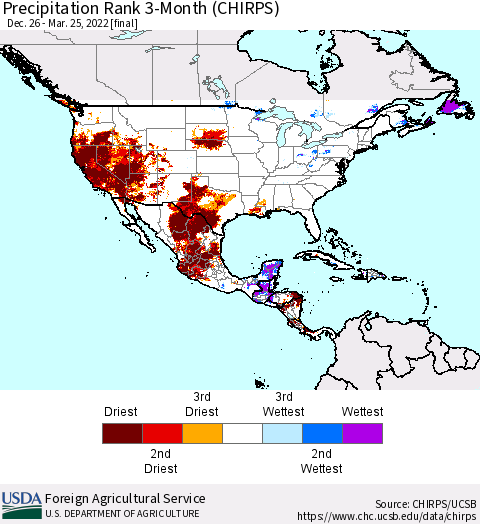 North America Precipitation Rank since 1981, 3-Month (CHIRPS) Thematic Map For 12/26/2021 - 3/25/2022