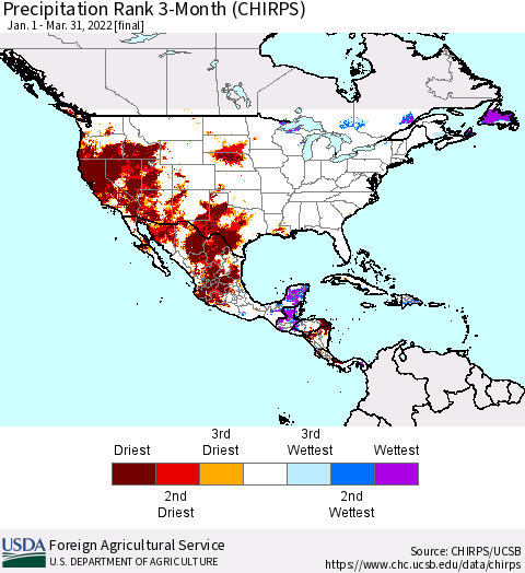 North America Precipitation Rank since 1981, 3-Month (CHIRPS) Thematic Map For 1/1/2022 - 3/31/2022