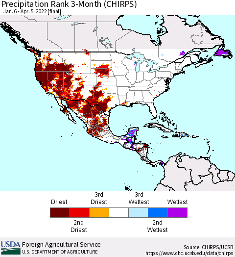 North America Precipitation Rank since 1981, 3-Month (CHIRPS) Thematic Map For 1/6/2022 - 4/5/2022