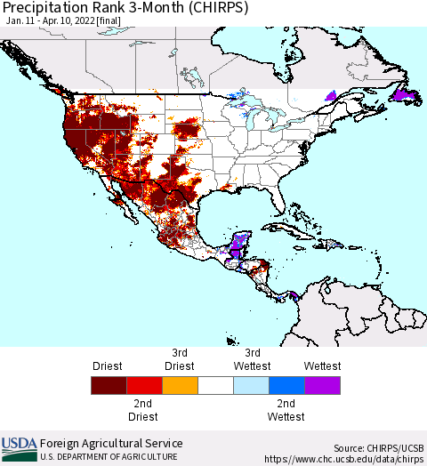 North America Precipitation Rank since 1981, 3-Month (CHIRPS) Thematic Map For 1/11/2022 - 4/10/2022