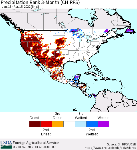 North America Precipitation Rank since 1981, 3-Month (CHIRPS) Thematic Map For 1/16/2022 - 4/15/2022