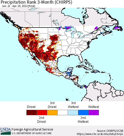North America Precipitation Rank since 1981, 3-Month (CHIRPS) Thematic Map For 1/21/2022 - 4/20/2022