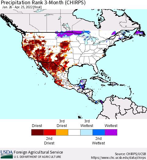 North America Precipitation Rank since 1981, 3-Month (CHIRPS) Thematic Map For 1/26/2022 - 4/25/2022