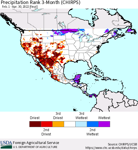 North America Precipitation Rank since 1981, 3-Month (CHIRPS) Thematic Map For 2/1/2022 - 4/30/2022