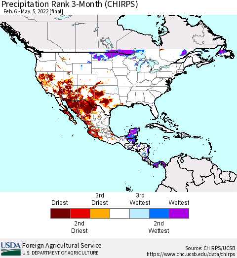North America Precipitation Rank since 1981, 3-Month (CHIRPS) Thematic Map For 2/6/2022 - 5/5/2022