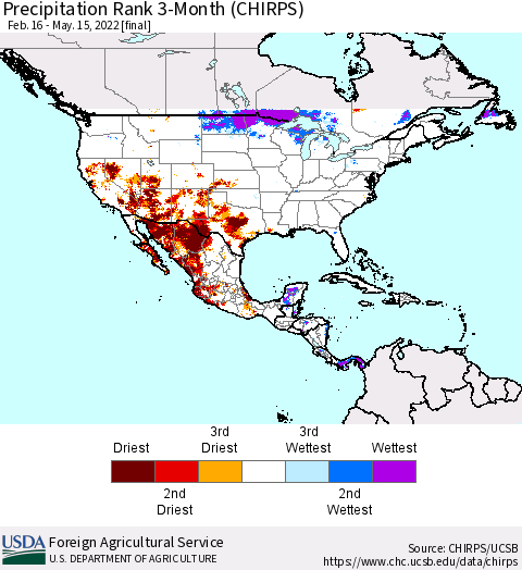 North America Precipitation Rank since 1981, 3-Month (CHIRPS) Thematic Map For 2/16/2022 - 5/15/2022