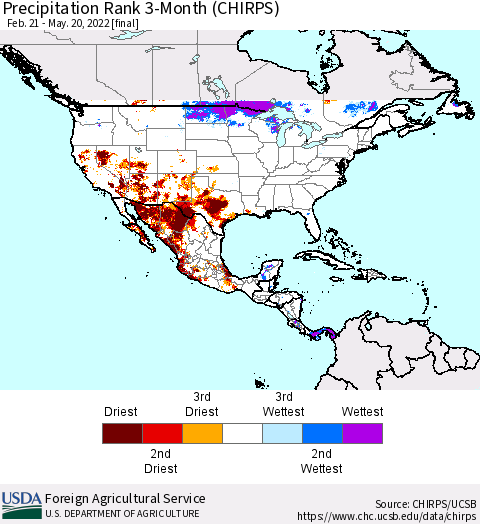North America Precipitation Rank since 1981, 3-Month (CHIRPS) Thematic Map For 2/21/2022 - 5/20/2022