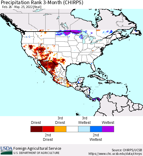 North America Precipitation Rank since 1981, 3-Month (CHIRPS) Thematic Map For 2/26/2022 - 5/25/2022
