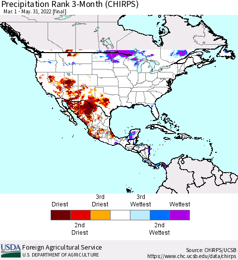 North America Precipitation Rank since 1981, 3-Month (CHIRPS) Thematic Map For 3/1/2022 - 5/31/2022