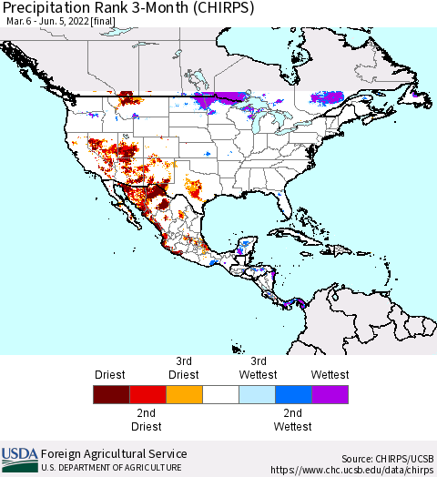 North America Precipitation Rank since 1981, 3-Month (CHIRPS) Thematic Map For 3/6/2022 - 6/5/2022