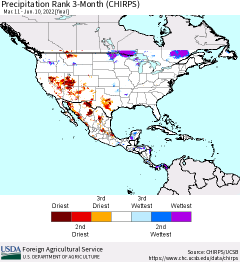 North America Precipitation Rank since 1981, 3-Month (CHIRPS) Thematic Map For 3/11/2022 - 6/10/2022
