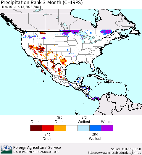 North America Precipitation Rank since 1981, 3-Month (CHIRPS) Thematic Map For 3/16/2022 - 6/15/2022
