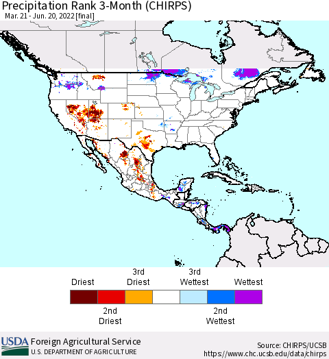 North America Precipitation Rank since 1981, 3-Month (CHIRPS) Thematic Map For 3/21/2022 - 6/20/2022