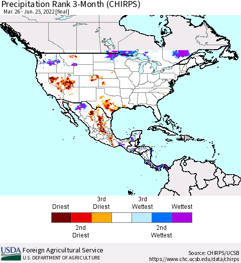 North America Precipitation Rank since 1981, 3-Month (CHIRPS) Thematic Map For 3/26/2022 - 6/25/2022