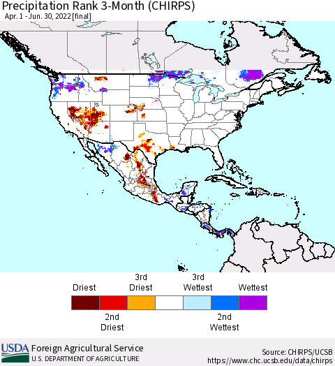 North America Precipitation Rank since 1981, 3-Month (CHIRPS) Thematic Map For 4/1/2022 - 6/30/2022