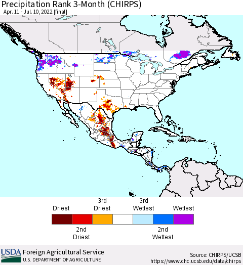 North America Precipitation Rank since 1981, 3-Month (CHIRPS) Thematic Map For 4/11/2022 - 7/10/2022