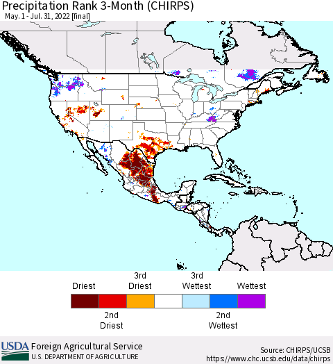 North America Precipitation Rank since 1981, 3-Month (CHIRPS) Thematic Map For 5/1/2022 - 7/31/2022