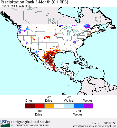 North America Precipitation Rank since 1981, 3-Month (CHIRPS) Thematic Map For 5/6/2022 - 8/5/2022