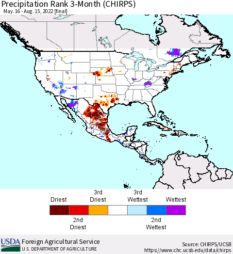 North America Precipitation Rank since 1981, 3-Month (CHIRPS) Thematic Map For 5/16/2022 - 8/15/2022