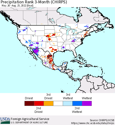 North America Precipitation Rank since 1981, 3-Month (CHIRPS) Thematic Map For 5/26/2022 - 8/25/2022