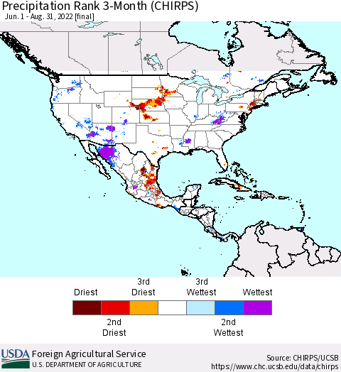 North America Precipitation Rank since 1981, 3-Month (CHIRPS) Thematic Map For 6/1/2022 - 8/31/2022