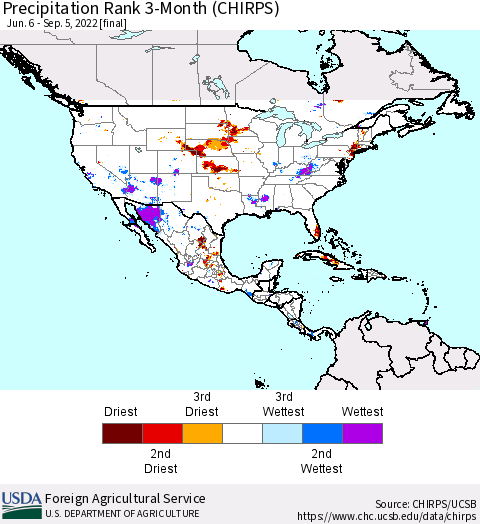 North America Precipitation Rank since 1981, 3-Month (CHIRPS) Thematic Map For 6/6/2022 - 9/5/2022