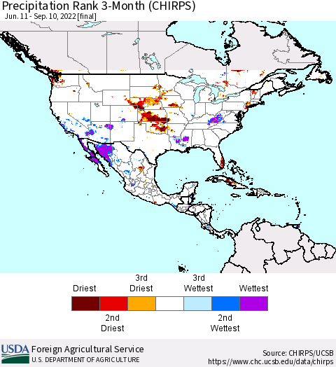 North America Precipitation Rank since 1981, 3-Month (CHIRPS) Thematic Map For 6/11/2022 - 9/10/2022