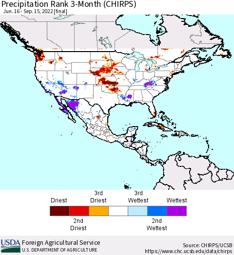 North America Precipitation Rank since 1981, 3-Month (CHIRPS) Thematic Map For 6/16/2022 - 9/15/2022