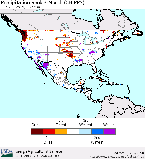 North America Precipitation Rank since 1981, 3-Month (CHIRPS) Thematic Map For 6/21/2022 - 9/20/2022
