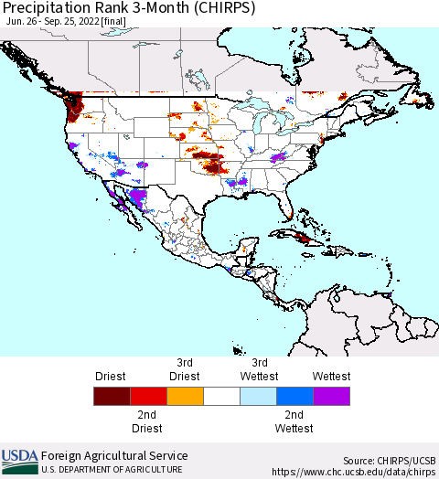 North America Precipitation Rank since 1981, 3-Month (CHIRPS) Thematic Map For 6/26/2022 - 9/25/2022