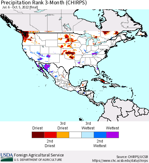North America Precipitation Rank since 1981, 3-Month (CHIRPS) Thematic Map For 7/6/2022 - 10/5/2022