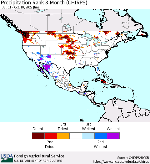North America Precipitation Rank since 1981, 3-Month (CHIRPS) Thematic Map For 7/11/2022 - 10/10/2022