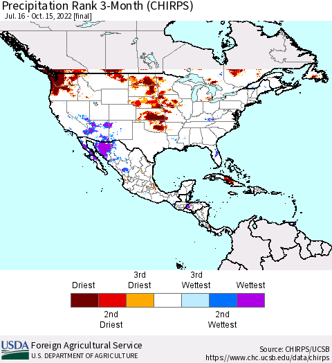 North America Precipitation Rank since 1981, 3-Month (CHIRPS) Thematic Map For 7/16/2022 - 10/15/2022