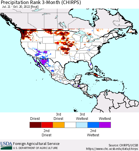 North America Precipitation Rank since 1981, 3-Month (CHIRPS) Thematic Map For 7/21/2022 - 10/20/2022