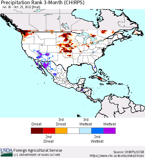 North America Precipitation Rank since 1981, 3-Month (CHIRPS) Thematic Map For 7/26/2022 - 10/25/2022