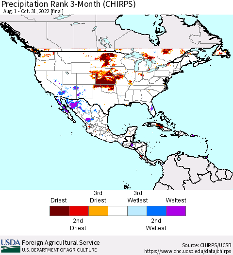 North America Precipitation Rank since 1981, 3-Month (CHIRPS) Thematic Map For 8/1/2022 - 10/31/2022