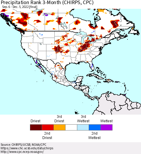North America Precipitation Rank since 1981, 3-Month (CHIRPS) Thematic Map For 9/6/2022 - 12/5/2022