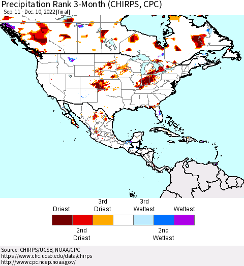 North America Precipitation Rank since 1981, 3-Month (CHIRPS) Thematic Map For 9/11/2022 - 12/10/2022