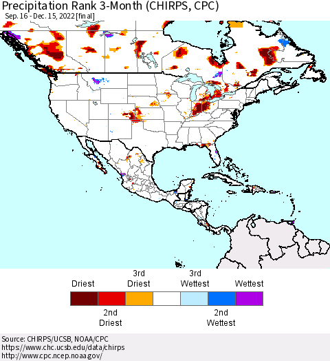 North America Precipitation Rank since 1981, 3-Month (CHIRPS) Thematic Map For 9/16/2022 - 12/15/2022