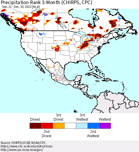 North America Precipitation Rank since 1981, 3-Month (CHIRPS) Thematic Map For 9/21/2022 - 12/20/2022