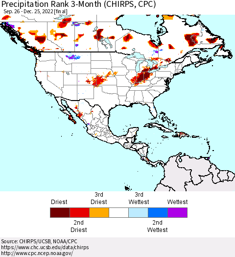 North America Precipitation Rank since 1981, 3-Month (CHIRPS) Thematic Map For 9/26/2022 - 12/25/2022
