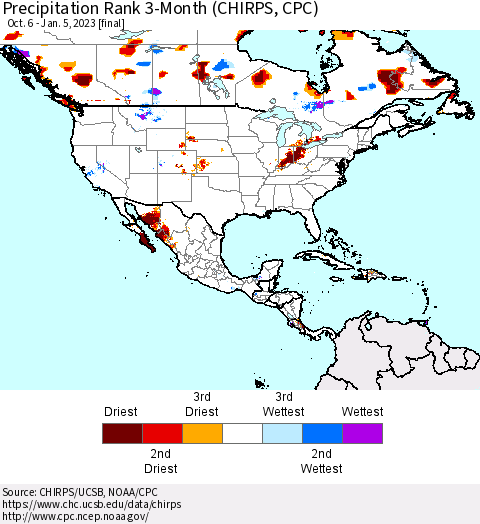 North America Precipitation Rank since 1981, 3-Month (CHIRPS) Thematic Map For 10/6/2022 - 1/5/2023