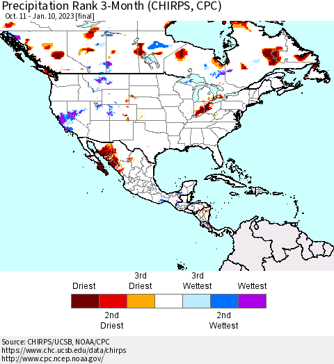 North America Precipitation Rank since 1981, 3-Month (CHIRPS) Thematic Map For 10/11/2022 - 1/10/2023