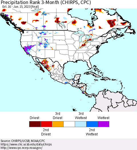 North America Precipitation Rank since 1981, 3-Month (CHIRPS) Thematic Map For 10/16/2022 - 1/15/2023