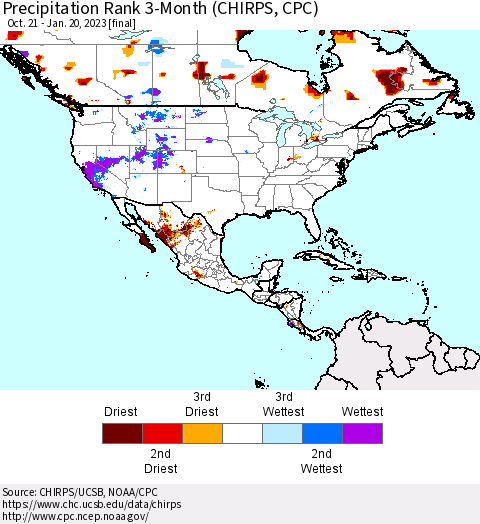 North America Precipitation Rank since 1981, 3-Month (CHIRPS) Thematic Map For 10/21/2022 - 1/20/2023