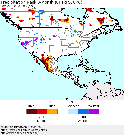 North America Precipitation Rank since 1981, 3-Month (CHIRPS) Thematic Map For 10/26/2022 - 1/25/2023
