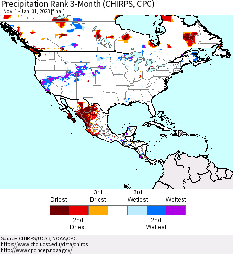 North America Precipitation Rank since 1981, 3-Month (CHIRPS) Thematic Map For 11/1/2022 - 1/31/2023