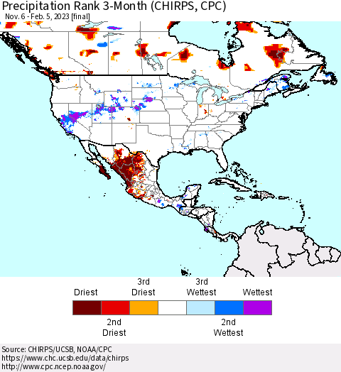 North America Precipitation Rank since 1981, 3-Month (CHIRPS) Thematic Map For 11/6/2022 - 2/5/2023
